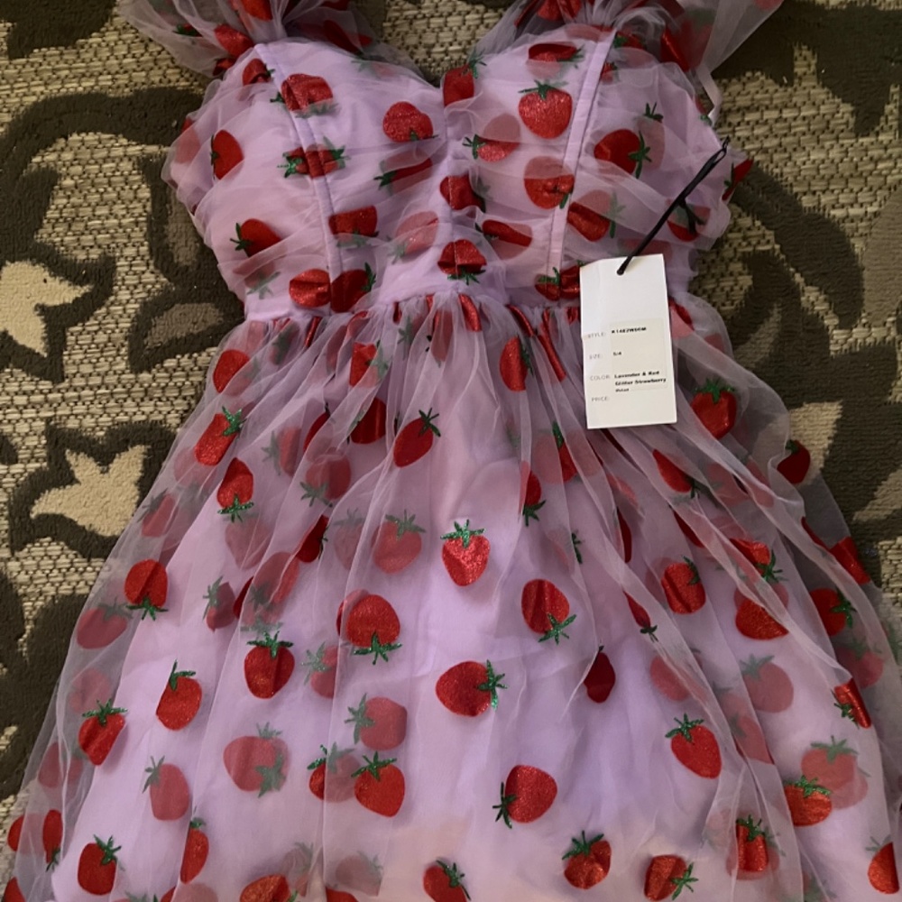 UNIQUE VINTAGE LAVENDER & RED GLITTER STRAWBERRY PRINT BABYDOLL DRESS - Picture 4 of 4